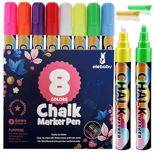 Liquid Chalk Pens, 6mm Reversible Tip, Neon 8 Colours Dry Erase Chalk Markers for Blackboard, Wipeable Chalkboard Pens for Windows Drawing Writing Glass Menu Sign Graffiti Shcool (8 Pack)