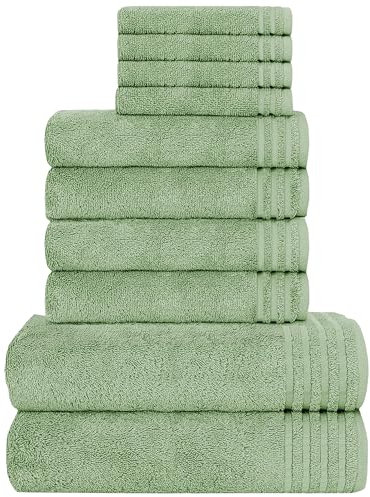 Olivia Rocco Monaco 10 Piece Bathroom Towels Bale Set - Premium Quality Water Absorbent Towel, 4 Face 4 Hand 2 Bath Towel, 500 GSM Washable Towels Set, Sage Green