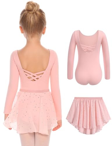 Arshiner Ballet Filles Vêtements Deux Pièces Robe de Ballet Enfants Dos Nu Manches Longues Robe de Ballet Justaucorps Robe de Danse Justaucorps Balette Vêtements Rose 160 9-10 Ans