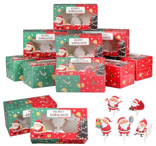 Coolty 50 cajas de cartón para magdalenas, 2 agujeros, cajas de embalaje de panadería con ventana e insertos para galletas, magdalenas, postres, pasteles (tipo Navidad)