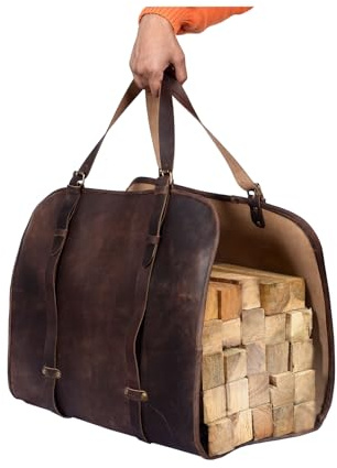 Trendy Sprouts Leather Firewood Carrier, Heavy Duty Leather Log Carrier, Personalized Fireplace Accessory, Leather Outdoor Wood Carrier with Adjustable Handles, Gift for Dad (Dark Brown)
