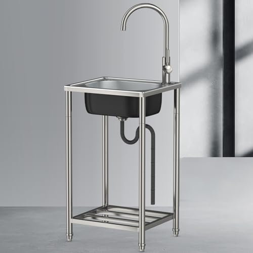 Edelstahl Spülbecken Küchenspüle Outdoor Küche Spüle Waschbecken Ausgussbecken Außenspüle Mobile Utility Spüle Freistehende Einzelbecken Becken mit Wasserhahn, für Außen, Innen, Küche (33*38*82CM)