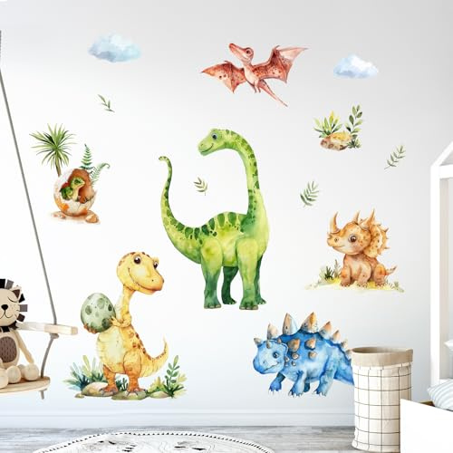 Tanlaby Wandtattoo Dinosaurier Aquarell Dino Dschungel Tiere | Aquarell Dino Palmen für Babyzimmer Jungen Kinder Schlafzimmer Spielzimmer
