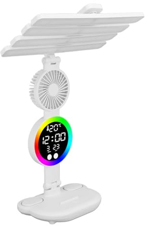 Mumusuki Schreibtischlampe mit Ventilator, Uhrzeit, Datum, Temperatur, Touch-Steuerung, Wiederaufladbar, Faltbar, LED-Schreibtischleuchte, 3 Beleuchtungsmodi, Stufenlos Dimmbarer