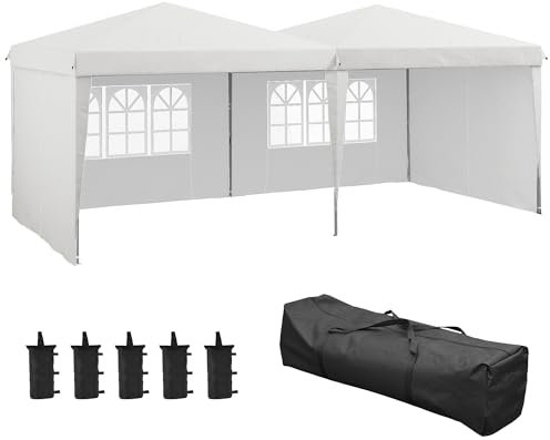 Outsunny Carpa Plegable 6x3 m Cenador de Jardín con Altura Ajustable Paredes Laterales Protección UV30+ Impermeable Sacos de Arena y Bolsa de Transporte Gazebo para Exterior Jardín Fiestas Blanco