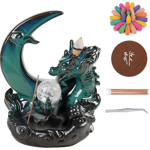 Chililon Quemadores de Conos Incienso, Fuentes de Incienso, Quemador de Incienso Cascada de cerámica con 50 Conos de Incienso + 30 Varillas de Incienso, Porta-Incienso para decoración del hogar