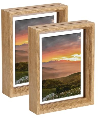 sourcing map 2Pcs Floating Frame, 7 x 5 Inch Natural Wood Pictures Frames for Pressed Flowers Standing Wall Hanging Picture Collection, Wood Tone