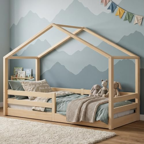 Bellabino Abia Hausbett Bodenbett 90x200 cm, Natur, aus Kiefer Massivholz | Montessori Kinderbett mit Rausfallschutz & Lattenrost, für Jungen & Mädchen, Holzbett, Kinderbettgestell, Kinderzimmermöbel