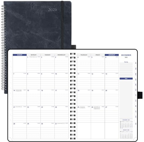 POPRUN 2026-2027 Monthly Planner A4 Size, 16 Months Calendar (Dec 2025-Mar 2027), 2 Pages per Month with Dotted & Lined Note, Monthly Tabs, Spiral Softcover, 2 Inner Pockets - Black
