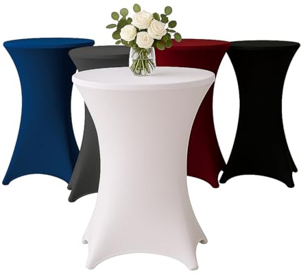 Stehtischhusse für Bistrotisch mit 4 verstärkten Fußlaschen elastisch Stretch OEKO-TEX zertifiziert Ø 80-85x110-120 cm Weiss (1 Stück)