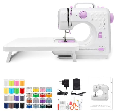 SUNGENIX Nähmaschine Elektrisch MIT SCHIEBETISCH - 12-Stich Mini-Nähmaschine inkl. Zubehör - Mit großem Arbeitsplatz für Stoff & Zubehör - Ideal für Anfänger, Kinder & Näharbeiten zu Hause