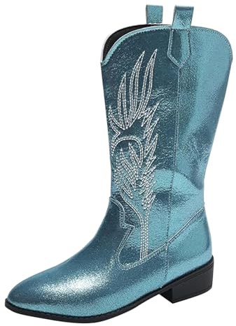 Stövletter dam med klack läder – halvstövlar vintage broderi cowboystövlar halvskaft västerländska stövlar spets tåparti slip-stövlar eleganta damstövlar varma vinterstövlar, Ljusblå, 43 EU