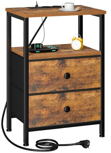 AMHANCIBLE Nachttisch mit Ladefunktion, Beistelltisch mit Stoffschubladen, Sofatisch mit offenem Regal, mit 2USB-Anschlüssen & 2 Steckdosen, Nachtschrank für Schlafzimmer, Wohnzimmer, Braun ETS020BR-1