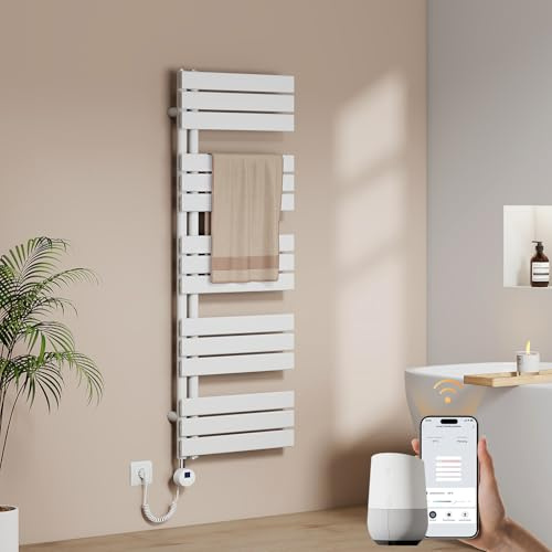 EMKE WiFi Handtuchheizkörper Elektrisch 1320x500 mm - Flach Badheizkörper Elektrisch, Elektrischer Handtuchwärmer Handtuchtrockner Handtuch Heizkörper Bad mit Thermostat und Heizstab - 800W, Weiß