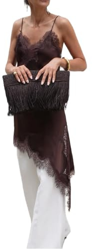 Alaurbeauty Top da donna in raso con bordo in pizzo, spalline sottili high-low in seta, spacco laterale, cami top asimmetrico, strati fluidi e setosi, marrone, XL