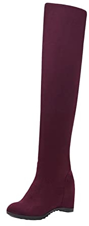 Generisch Knee-length boots for women with wide calf, wide shaft boots with heel overknees, plain non-slip flock, round toe, high elastic wedge heel winter boots, Wine Red, 8.5 UK