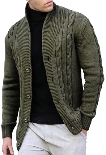 Herr höst vinter tjock cardigan tröja knapp ribbad stickad kappa herr sjal krage tröjor, gRÖN, M
