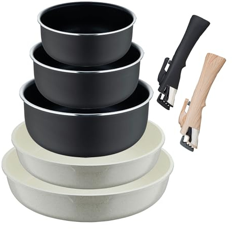 Set de 2 Sartenes Ø22Ø26cm en Aluminio fundido Blanco + 3 Cazos Heat Dot Ø16Ø18Ø20cm Aluminio prensado Negro + 2 Mangos extraíbles Click&Cook Bergner