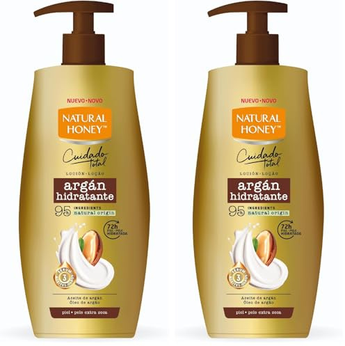 Natural Honey, Loción Corporal Argán Hidratante para Pieles Secas, 72H de Hidratación Profunda, Fórmula con Aceite de Argán y Sérum de 3 Aceites, Piel Suave y Radiante, Línea Cuidado Total, 600 ml