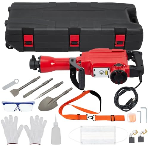 2200W Electric Demolition Jack Hammer, Heavy Duty Concrete Breaker with 4-Piece Set, 65A Impact Force, Vibration Reduction Handle, Carrying Case, Gloves & Earplugs for Construction & Renovation