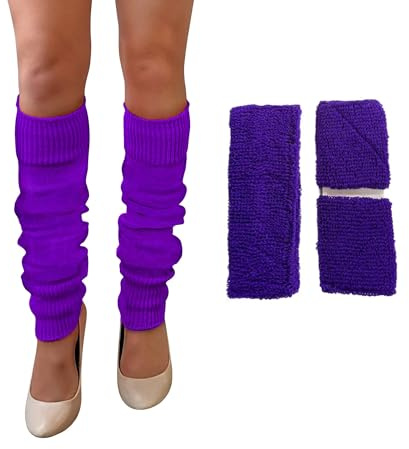 NuJake Set di scaldamuscoli, braccialetto e fascia da ballo per ragazze anni '80, luminoso anni '90, Viola, Taglia unica