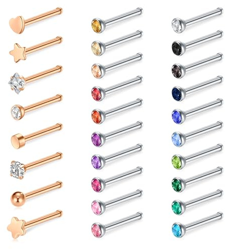 WillTen 30 st silver guld rak näspiercing, 20 g, rostfritt stål, liten näspik, liten näsborre, näspiercing för kvinnor, 20G, 7mm x 2mm, Rostfritt stål