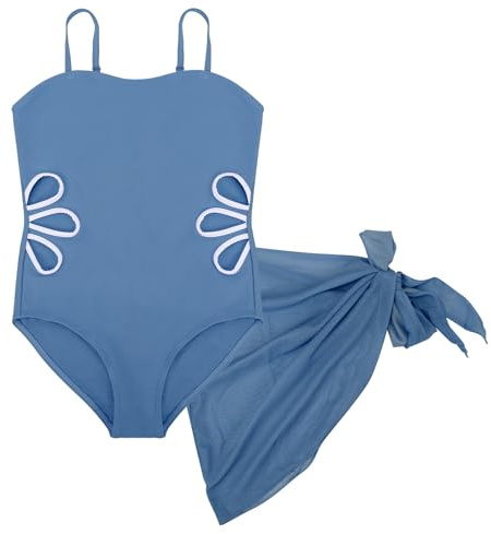 Fjquamitix Maillot de bain une pièce pour fille avec jupe cache-maillot de bain à bretelles réglables, bleu lac, 15-16 ans