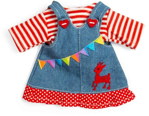Bigjigs Toys Denim Pinafore Dress, Small Ragdoll Clothes Set | Blue Denim Overalls & Red Striped Shirt, Dolly Dress Up Set for Small Bigjigs Ragdolls, Age 2+