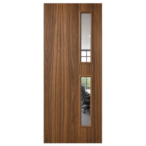 PREMDOR Internal Fire Door FD30, Glazed Door with Clear Glass 2L16G, Pre Finished Flush Walnut Veneer Office Style with 2 Side Clear Toughened Glass 33x78 inches with 44mm Thickness, 838x1981x44