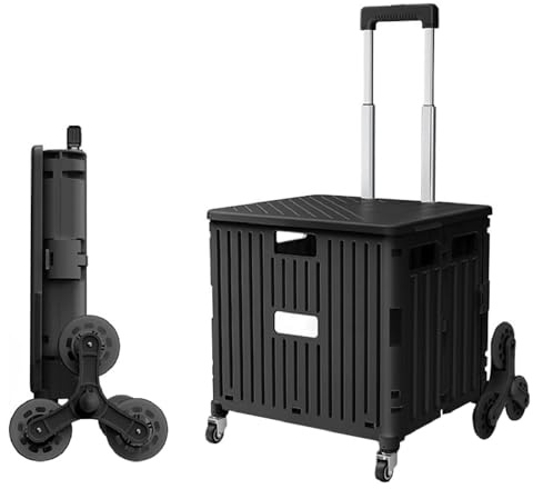 Vikbar vagn med trappklättringshjul – rullande matvagn med teleskophandtag i aluminiumlegering för shopping, kontor, camping – 65 L kapacitet, svart