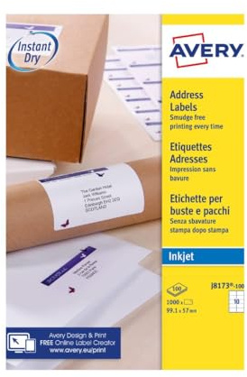 Avery Adressetiketten für Tintenstrahldrucker schnell trocknend 10 Stück pro Blatt 99,1 x 57,0 mm 1000 Etiketten weiß