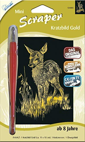 Mammut Spiel & Geschenk 131008 - Kratzbild, Motiv Rehkitz, Gold, glänzend, mini, Komplettset mit Kratzmesser und Übungsblatt, Scraper, Scratch, Kritzel, Kratzset für Kinder ab 8 Jahre
