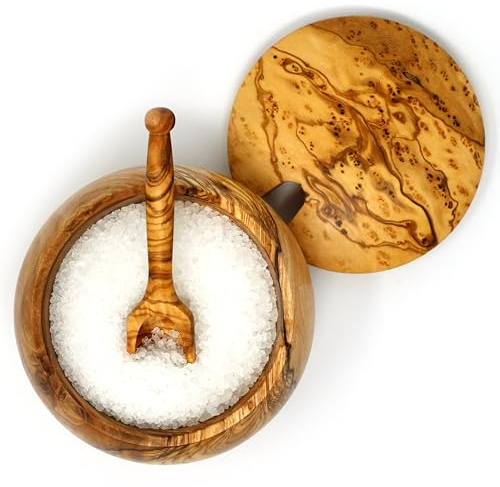 Ezo.Home Olive Wood Salt Cellar with Spoon and Lid Handmade Elegant Salt Pig 10cm with 100ml Capacity, Natural Design