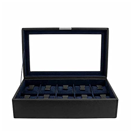 Friedrich23 Uhrenkoffer – Uhrenkasten Cross Grain mit Glasdeckel in schwarz – Platz für 10 Uhren – Feinsynthetik