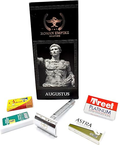 Roman Empire Shaving® Rasierhobel Augustus - Eleganter Safety Razor für Damen & Herren - Nassrasierer Set inkl. 20 Rasierklingen von Astra, Derby, Shark, Treet - Rasier Set