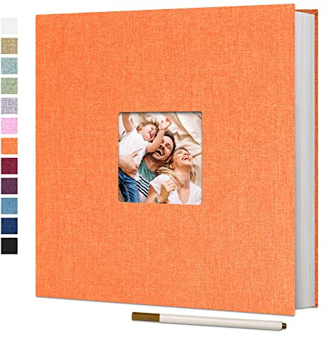 Vienrose Selbstklebendes Fotoalbum, 40 Seiten, 33x32 cm, Orange | Fotoalbum zum Einkleben und Selbstgestalten, Groß Leinen Photoalbum, Metallstift, Hochzeit Jahrestag Reise Geburtstag