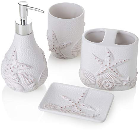 MONTEMAGGI, 4-teiliges Bad-Set aus Keramik, Weiß, Muschelmuster Inklusive Spender, Zahnbürstenhalter, Becher und Seifenschale