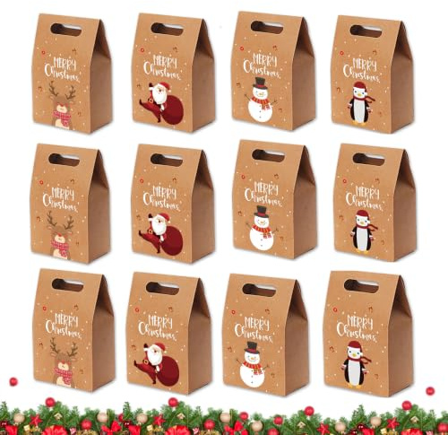 12 Stück GeschenktüTen Weihnachten Klein, Kraftpapier Weihnachten Geschenktaschen, mit Weihnachtsmann, Elch, Schneemann, Pinguinmuster, für Weihnachtsfeier Süßigkeitengeschenke, Partydekoration