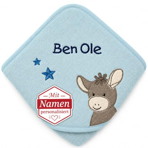 Sterntaler Badetuch 100x100 cm aus 100% Baumwolle personalisiert mit Namen/inklusive Bestickung (Emmi blau)