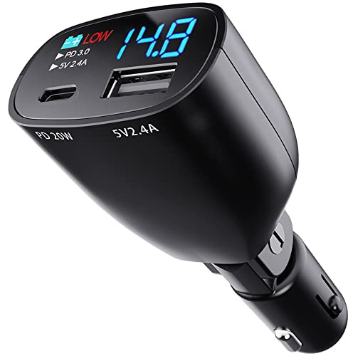 USB C Car Charger Adapter with Voltage Display, 20W Cigarette Lighter Type C Fast Charge Power Delivery & USB5V2.4A Adapter, Volt Meter Battery Monitor, Compatible with iPhone Galaxy