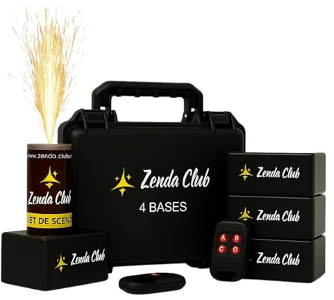 Zenda Club® Kit 5 Jets de Scène Dorés 3 Mètres 60 Secondes + 4 Déclencheurs à Distance Inclinables + 2 Télécommandes – Effets Étincelles Mariage Fête Anniversaire Intérieur – Catégorie F1