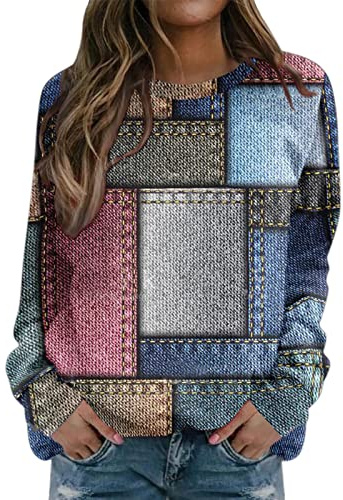 Oversize Pullover Damen Winter Damen Langarm Rundhals Sweatshirt Damen Elegant Sweatshirt Langarmshirt Bunte Drucken Pullover Herbst Winter Bluse Tops Oberteile Lose Warme Shirts