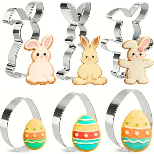 Juego de cortadores de galletas de Pascua – Huevos, cortadores de galletas con forma de conejo, 6 piezas de acero inoxidable para hornear en la cocina