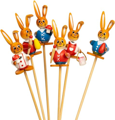 SIKORA OD22 Osterdeko Blumenstecker Osterhasen Figuren aus Holz mit Holzstäben 6er Set | Hochwertige Deko Stecker für Ostergestecke & Blumentöpfe | Höhe: 6 cm