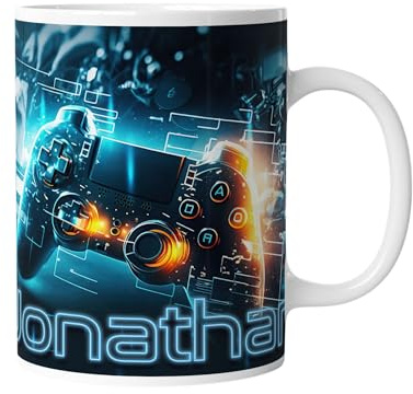 timalo® Coole Gaming Tasse personalisiert mit Namen | Kaffeetasse Geschenk für Gamer Becher | Neon blau Gamepad | mug-gamer-68