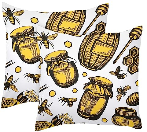 Yellow Bee Honeycomb and Honey Jar 2 Pack Square Throw Pillow Covers Decorative Soft Velvet Pillowcase for Couch Sofa Bed Car Living Room, 40x40cm