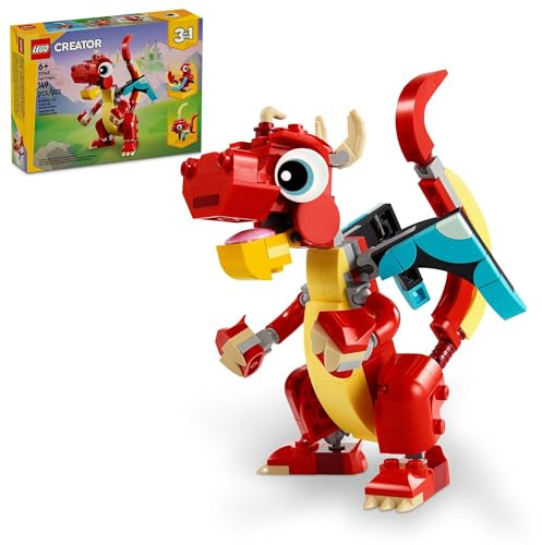 LEGO Creator 31145 - Giocattolo drago rosso 3 in 1, si trasforma da giocattolo drago a pesce a giocattolo fenice, idea regalo per ragazzi e ragazze dai 6 anni in su, set di giocattoli per bambini
