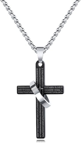 CyxenNova Kreuz Kette Herren Edelstahl Kreuzkette Schwarz Silber Halskette mit Ring Anhänger Schmuck für Männer Geschenk Geburtstag