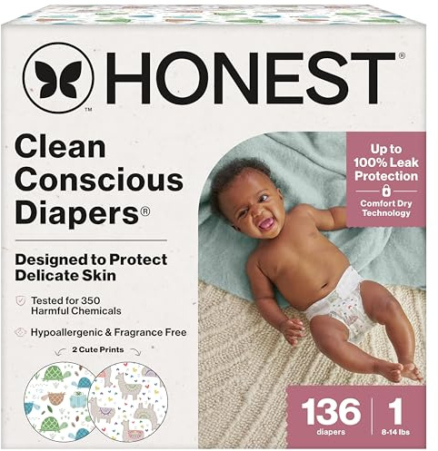 The Honest Company Comfort Dry Disposable Daytime Diapers for Sensitive Skin, Hypoallergenic, All the Alpacas + Turtle Time, Super Club Box Size 1 (8–14 lbs), 136 Count