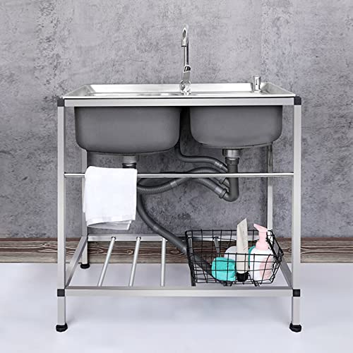 Spüle mit Unterschrank, Doppelspüle, Outdoor-Garten-Camping-Spüle mit Warm- und Kaltwasserhahn, Ablaufschlauch, Eckventil, geeignet für Esszimmer, Küche, Camping, Waschküche ( Size : 75*40cm/30*16in )
